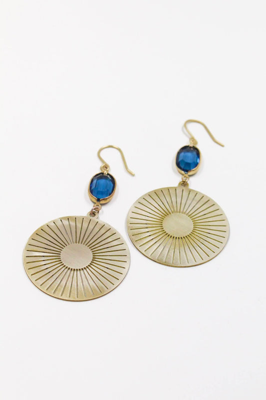 Brass Sun Medallion Earrings in Cobalt Blue