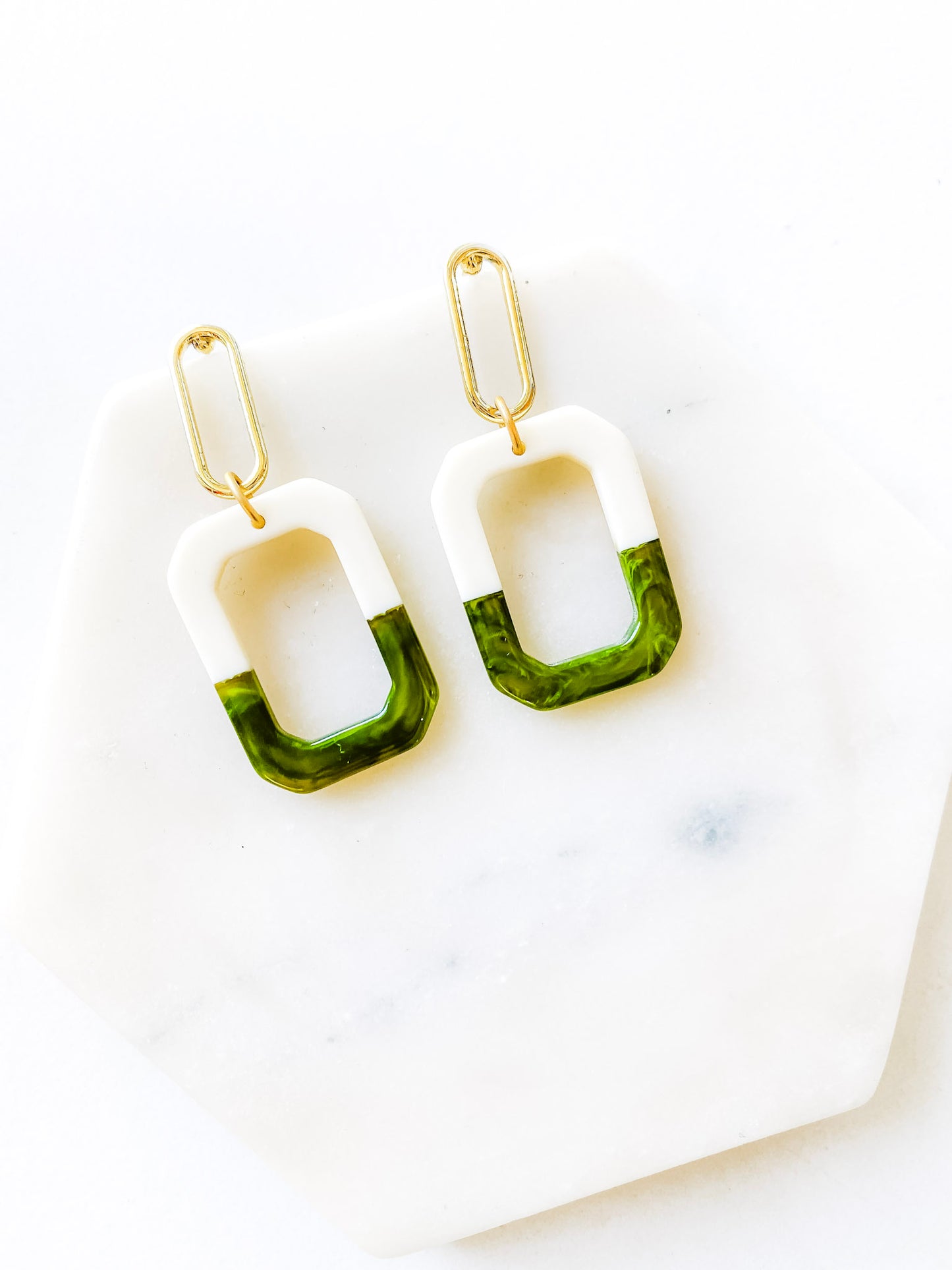 Two-Tone Double Rectangle Earrings in Green and Cream