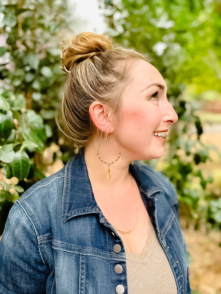 Brass Hoops with Citrine Teardrop and Dainty Pink Tourmaline and Orange Garnet Beads