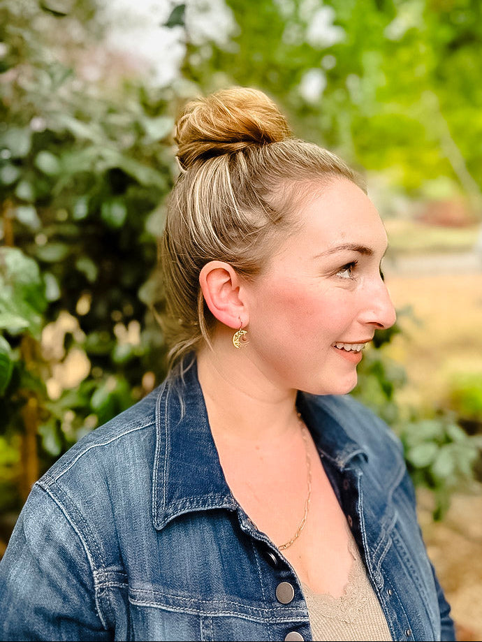 Dainty Brass Floral Moon Earrings with Sandstone Beads