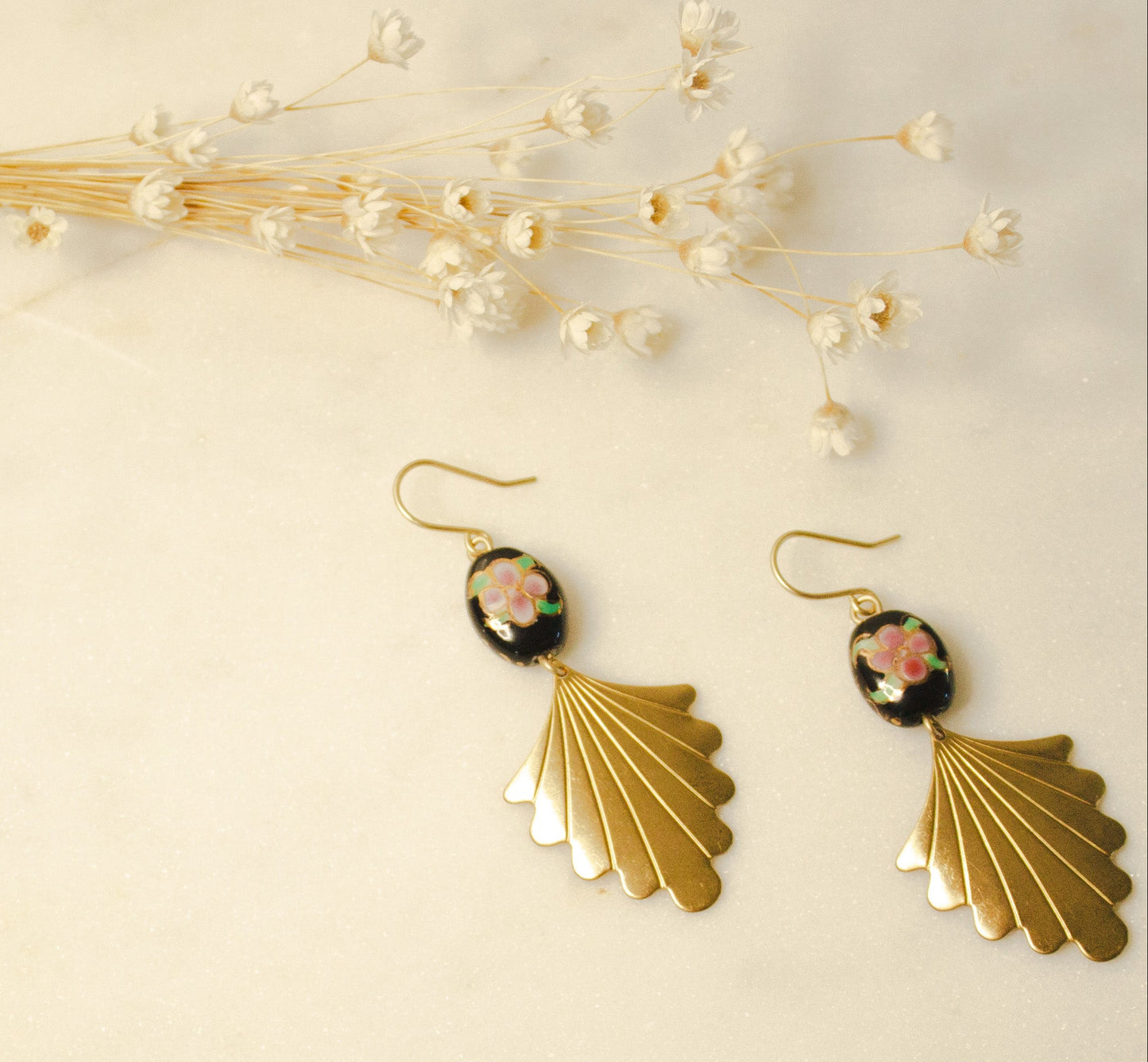 Black Porcelain Floral Bead with Brass Fan