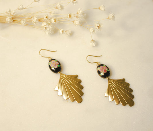 Black Porcelain Floral Bead with Brass Fan