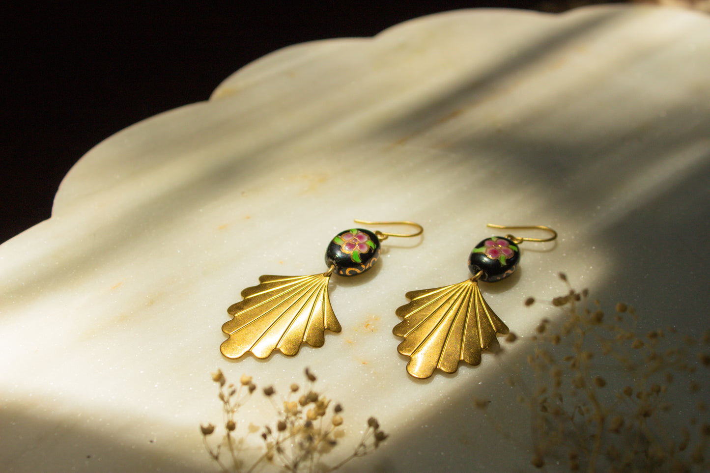 Black Porcelain Floral Bead with Brass Fan