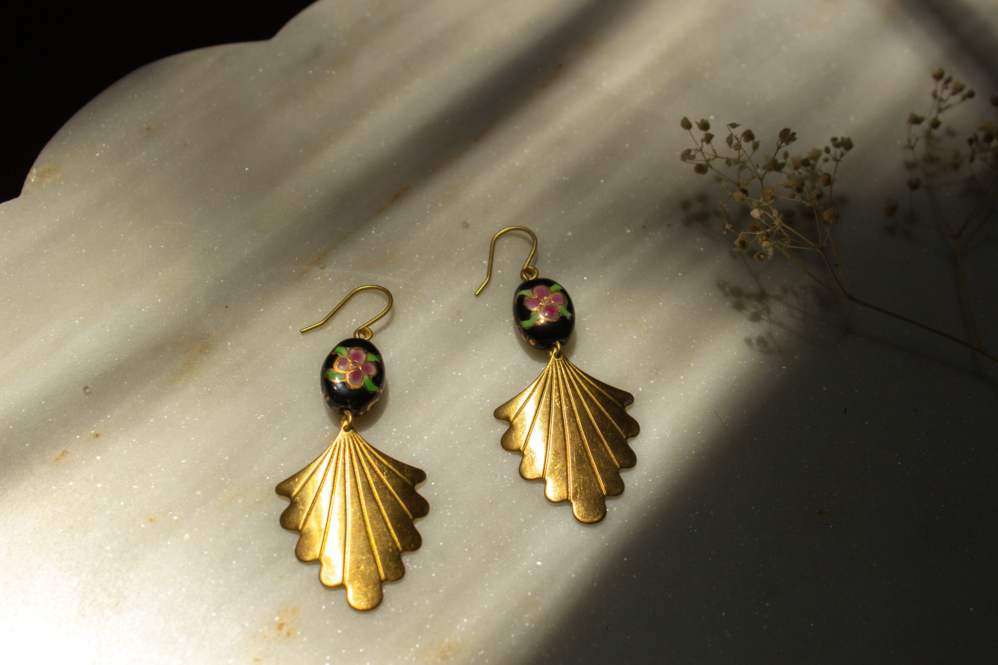 Black Porcelain Floral Bead with Brass Fan