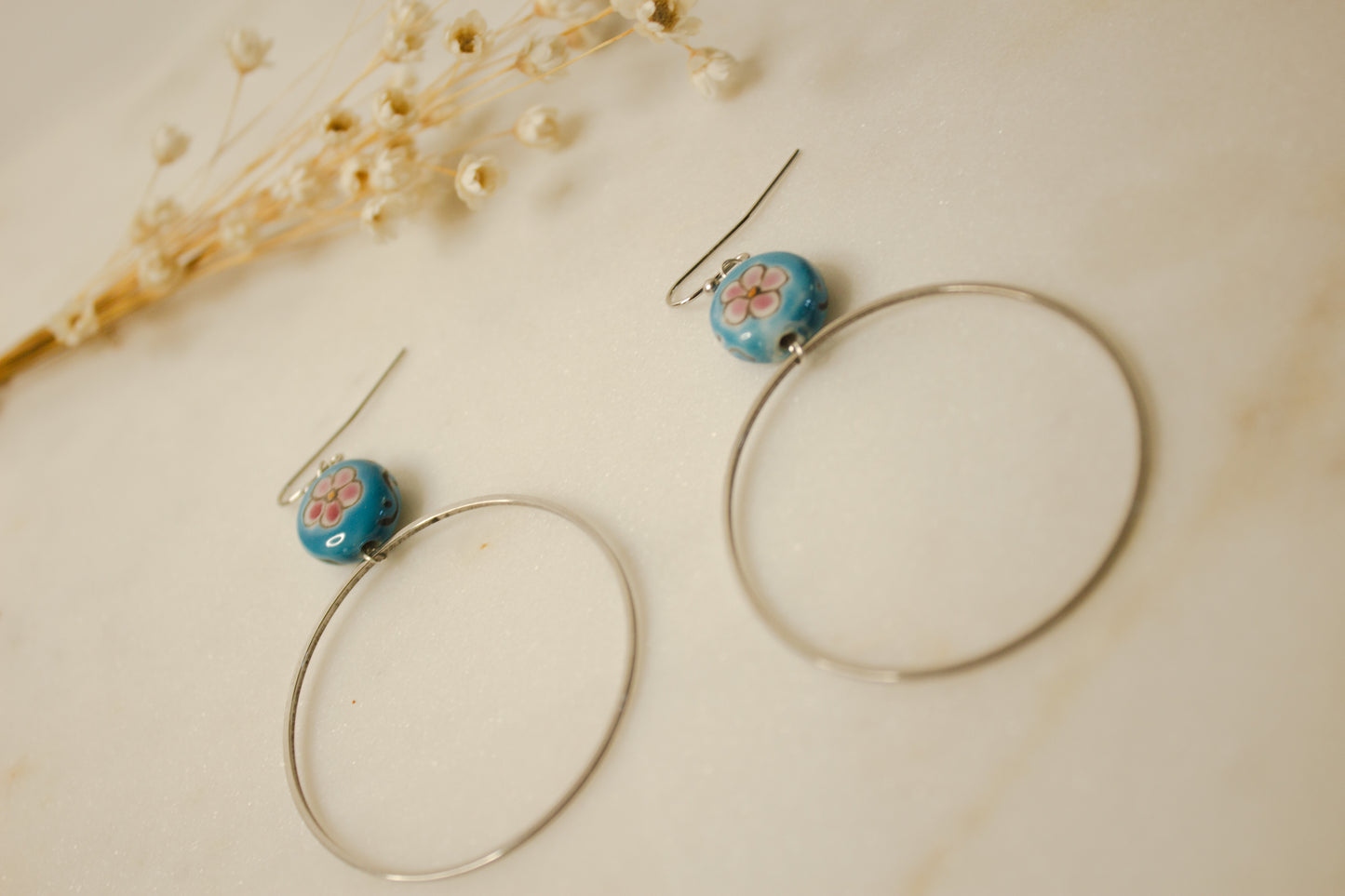 Blue Floral Porcelain Bead with Silver Hoop