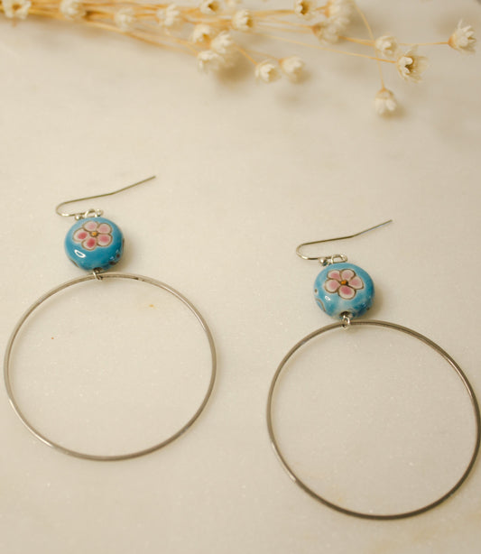 Blue Floral Porcelain Bead with Silver Hoop