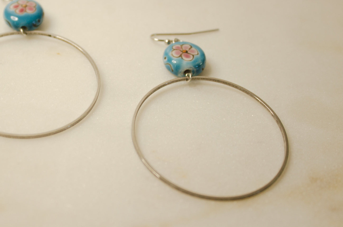 Blue Floral Porcelain Bead with Silver Hoop