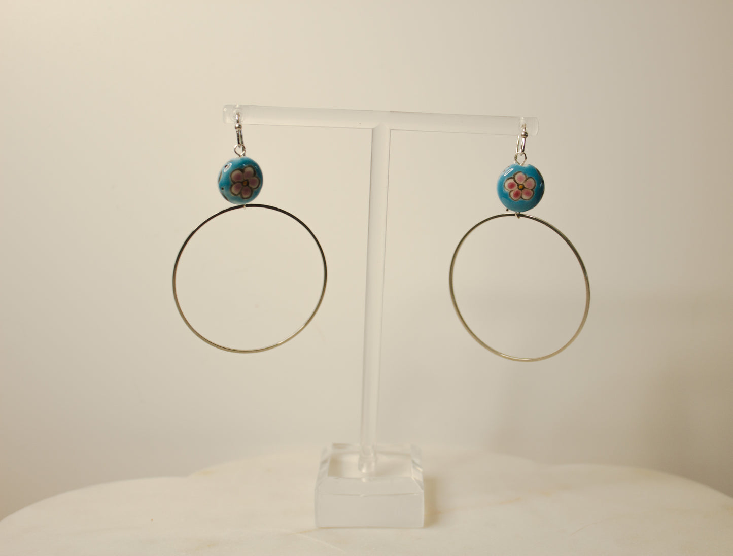 Blue Floral Porcelain Bead with Silver Hoop