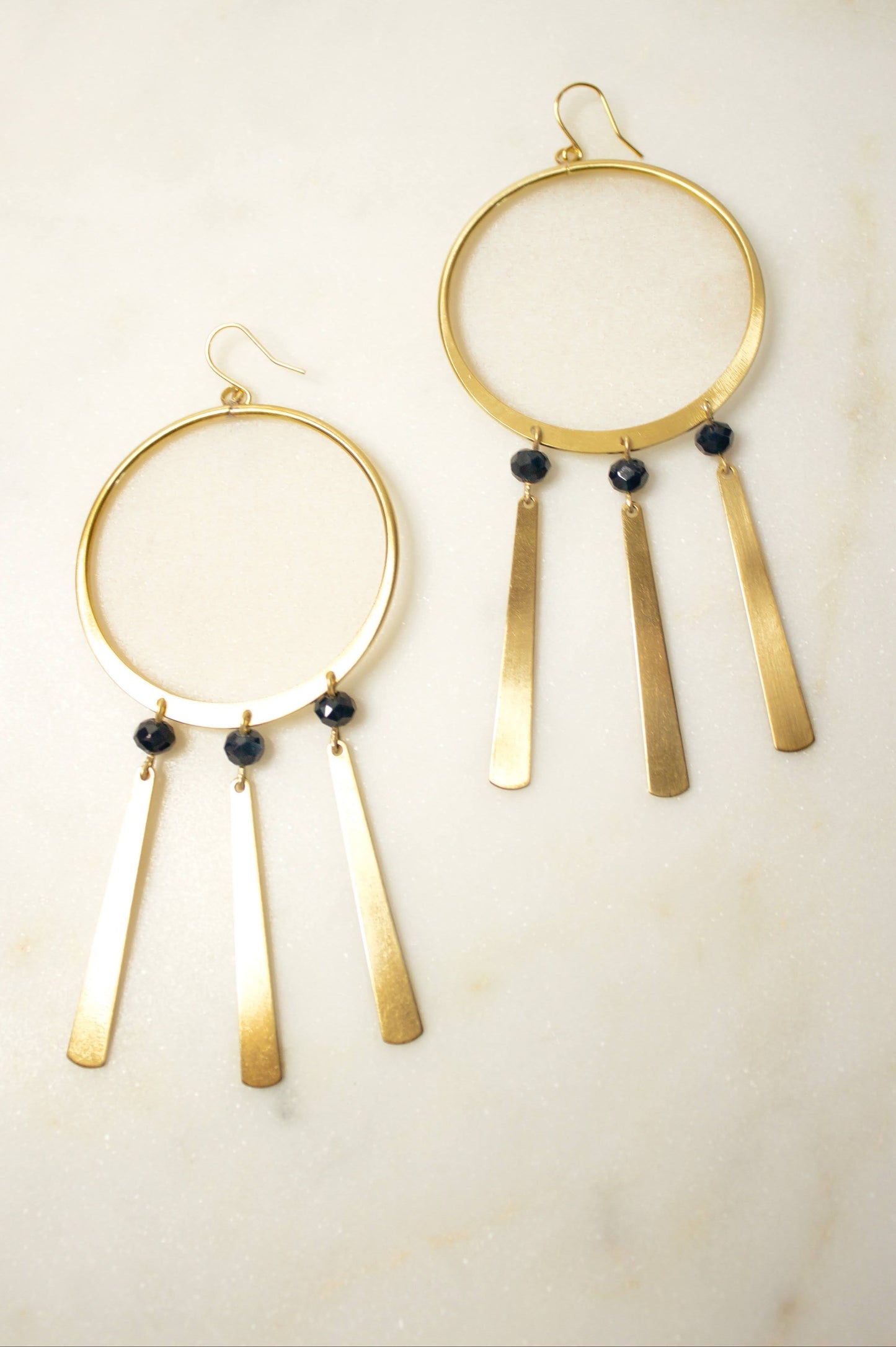 Brass Hoop Earrings with Fringe and Faceted Lapis Beads
