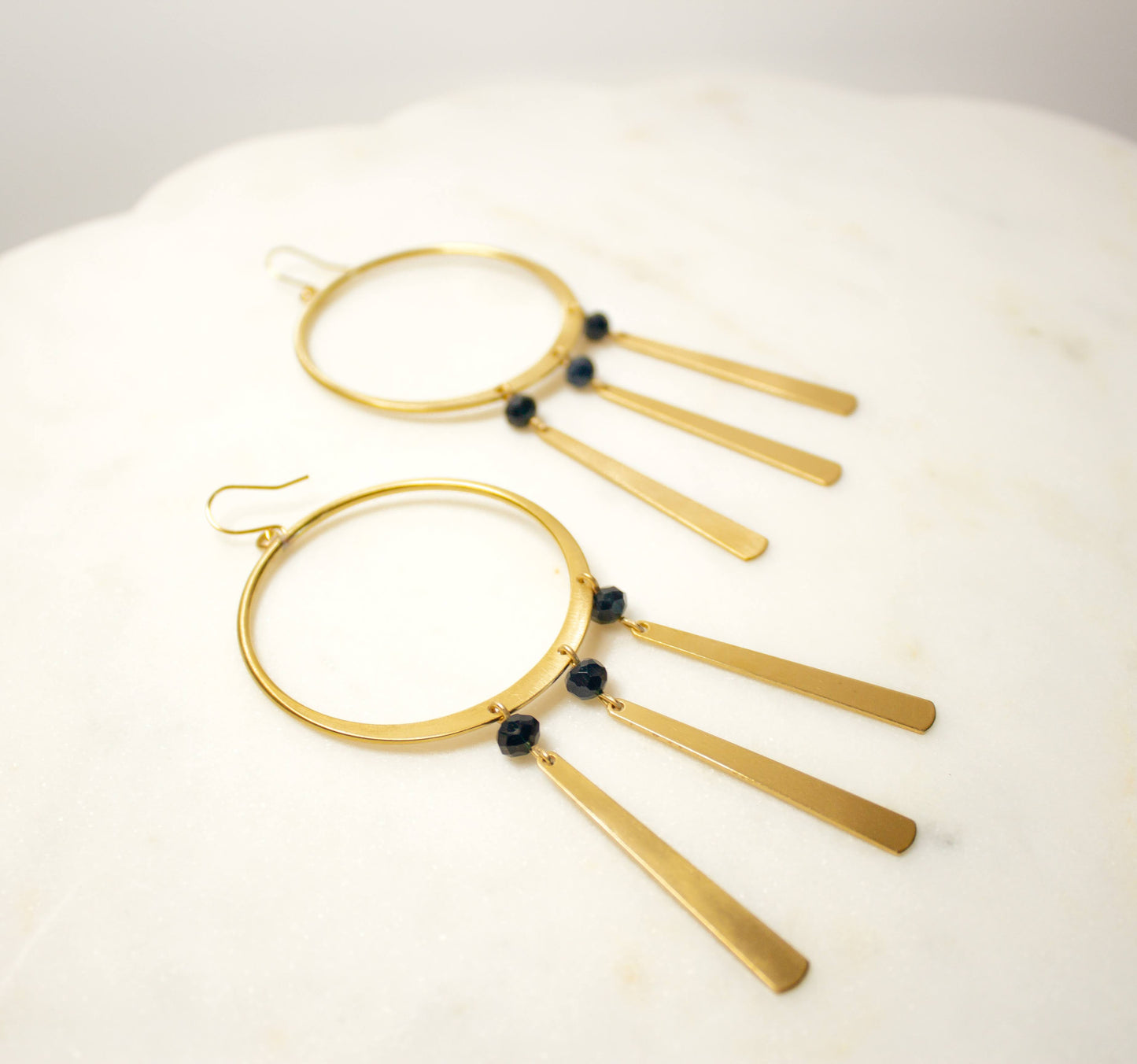 Brass Hoop Earrings with Fringe and Faceted Lapis Beads