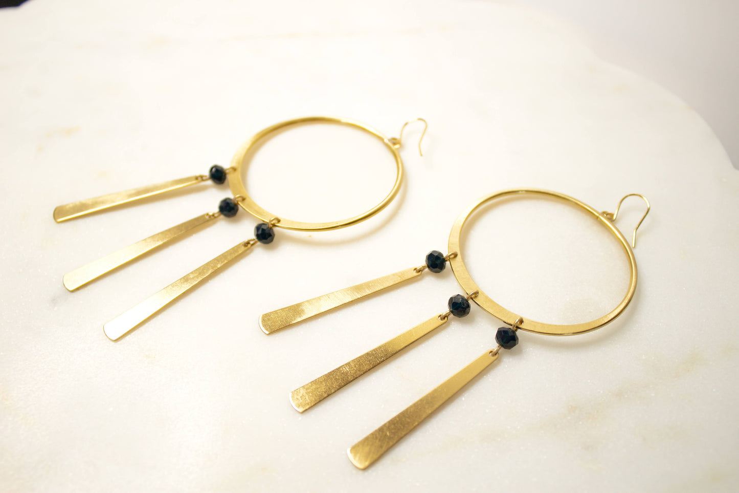 Brass Hoop Earrings with Fringe and Faceted Lapis Beads