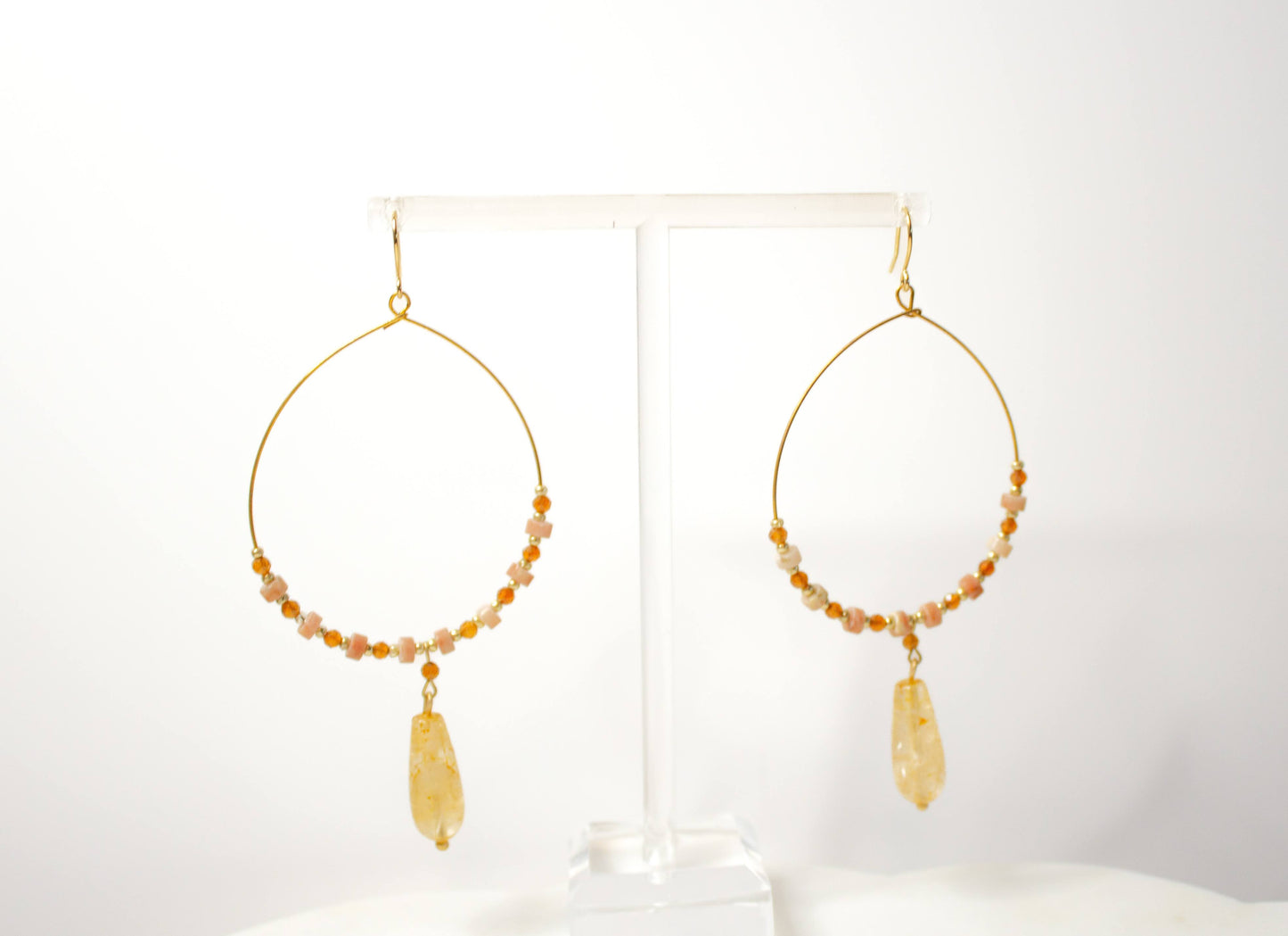 Brass Hoops with Citrine Teardrop and Dainty Pink Tourmaline and Orange Garnet Beads