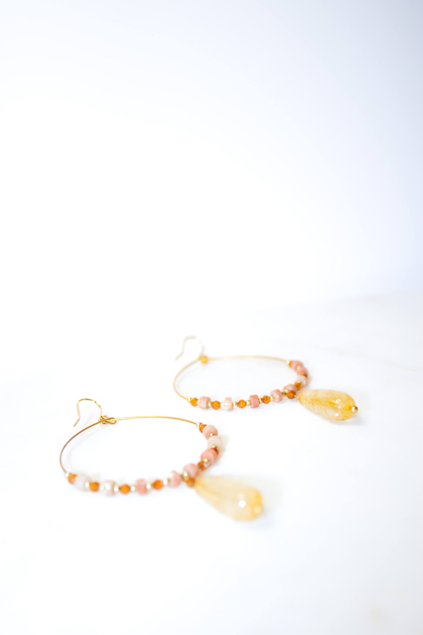 Brass Hoops with Citrine Teardrop and Dainty Pink Tourmaline and Orange Garnet Beads