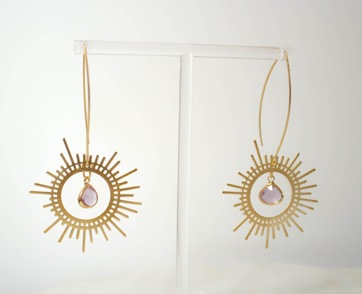 Brass Sunburst Earrings in Lilac