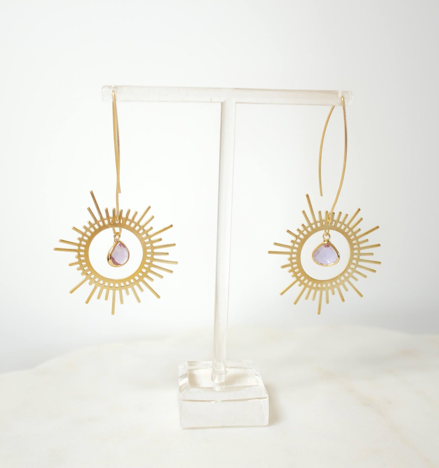 Brass Sunburst Earrings in Lilac