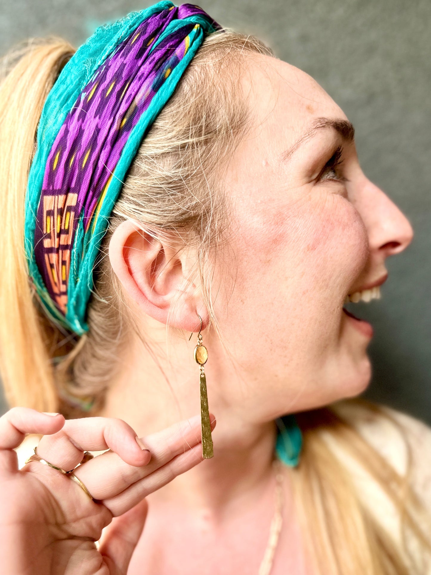 Yellow Oval Bead and Brass Bar Earrings