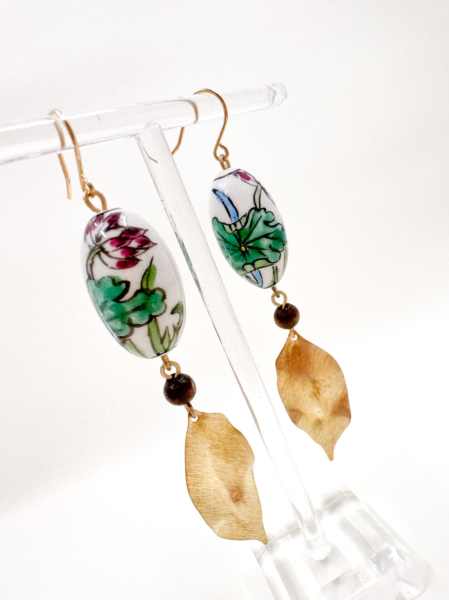 Vintage Porcelain Hand Painted Floral Bead Earrings with Brushed Brass Leaves