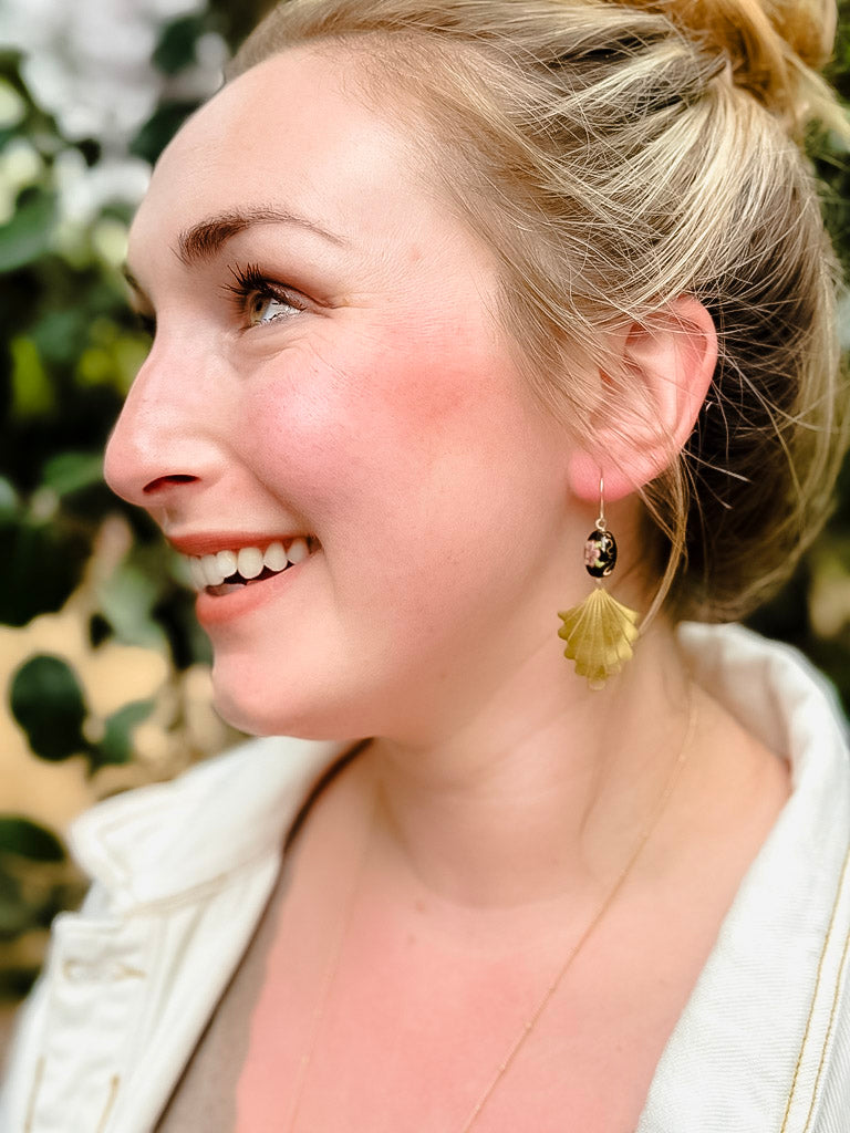Black Porcelain Floral Bead with Brass Fan