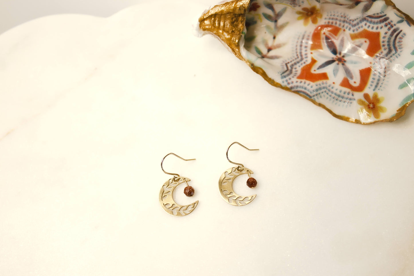Dainty Brass Floral Moon Earrings with Sandstone Beads