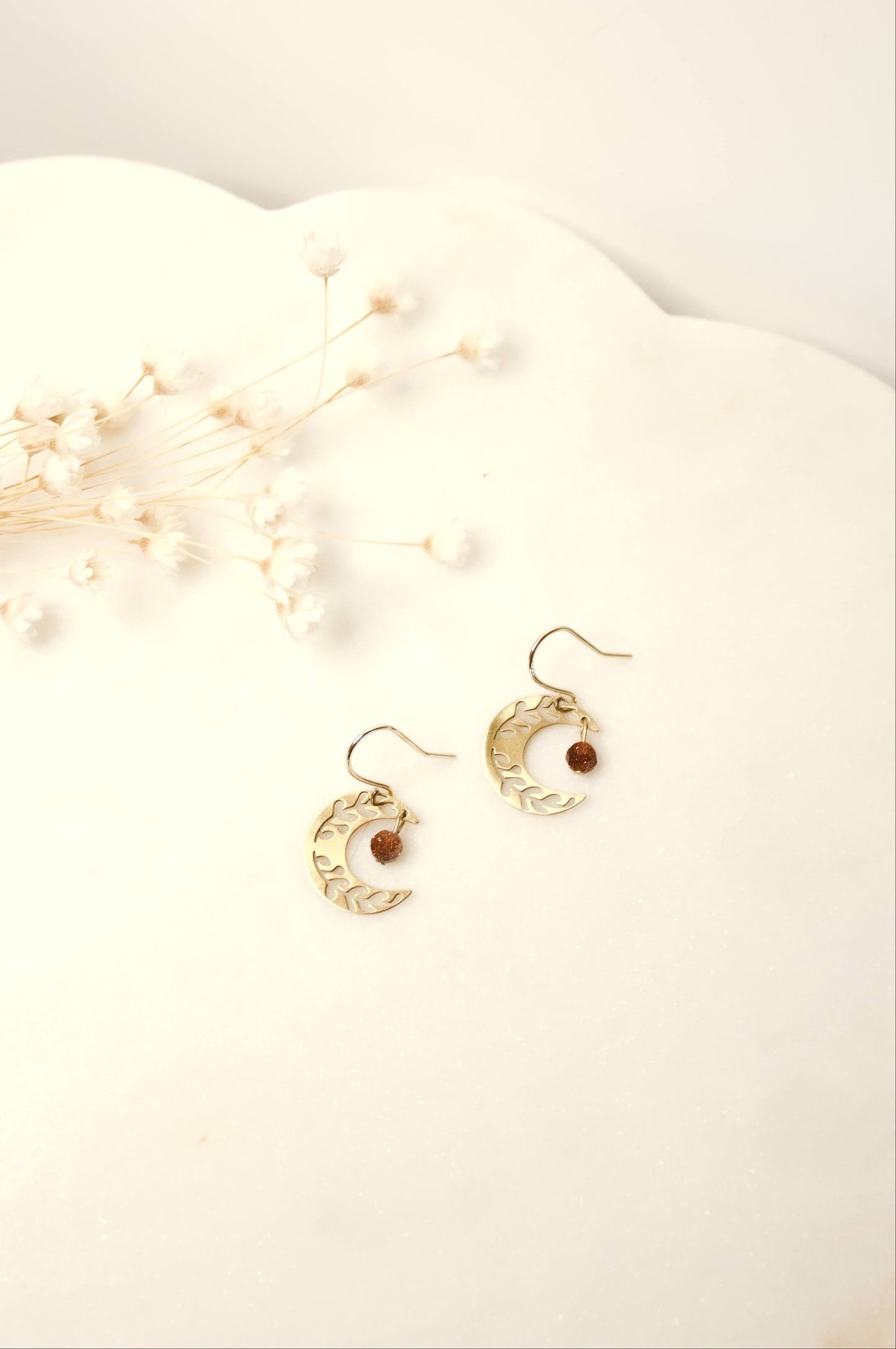 Dainty Brass Floral Moon Earrings with Sandstone Beads