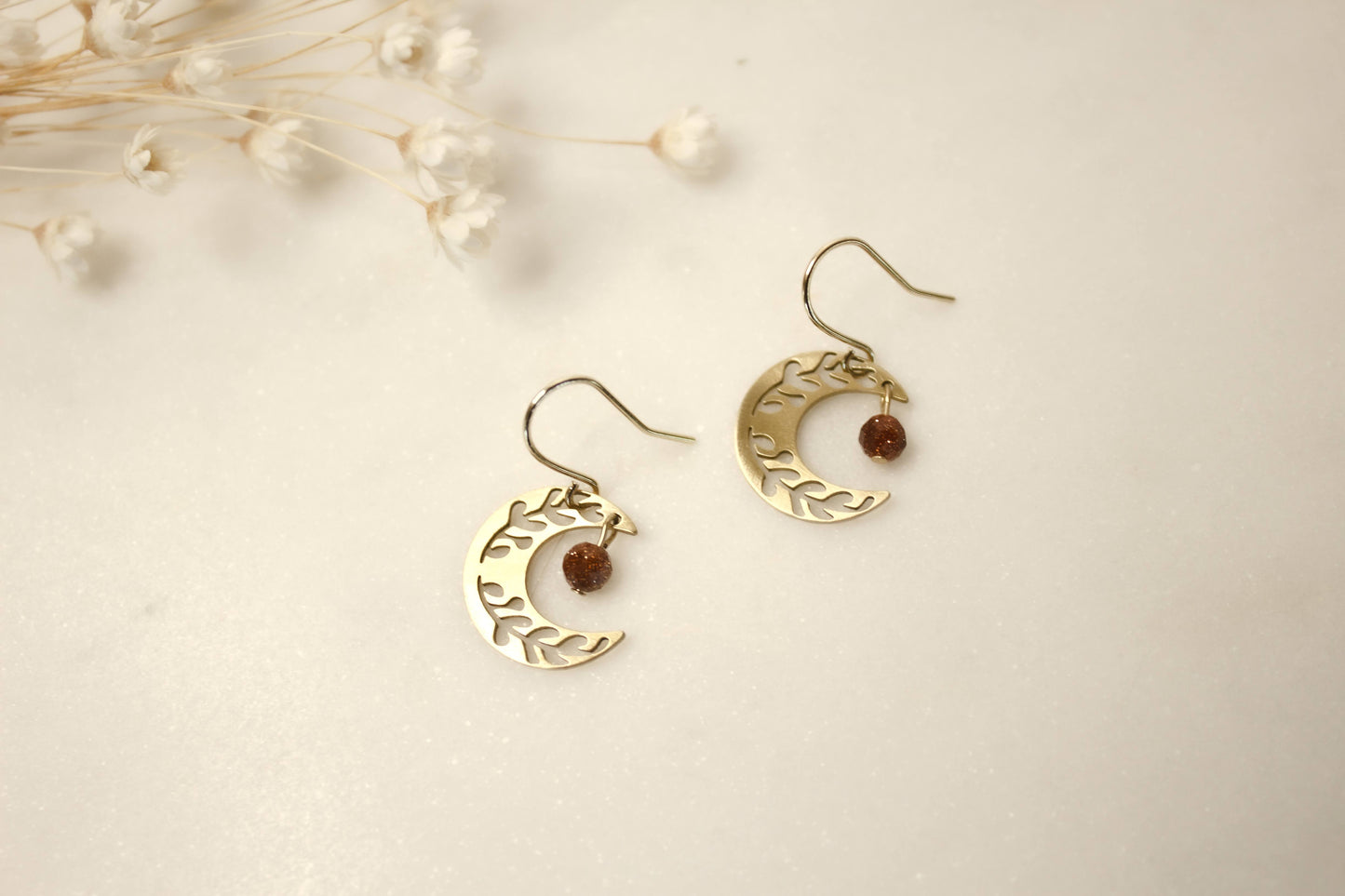 Dainty Brass Floral Moon Earrings with Sandstone Beads
