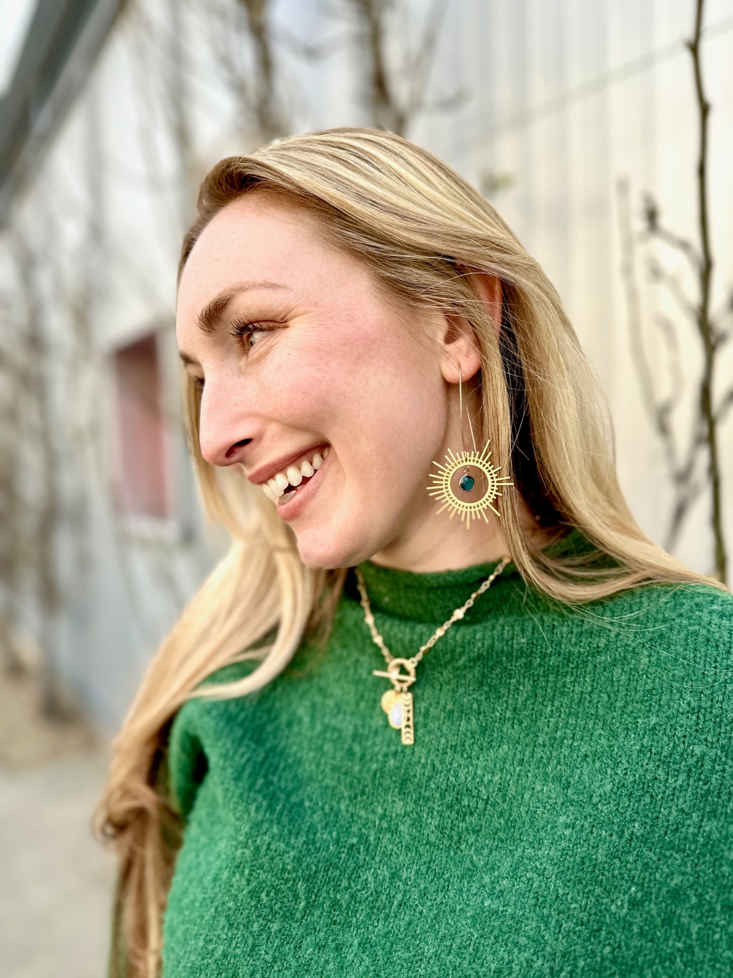 Brass Sunburst Earrings in Peacock Blue