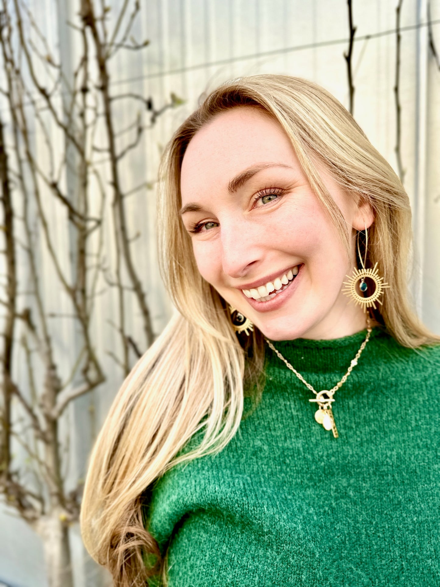 Brass Sunburst Earrings in Peacock Blue