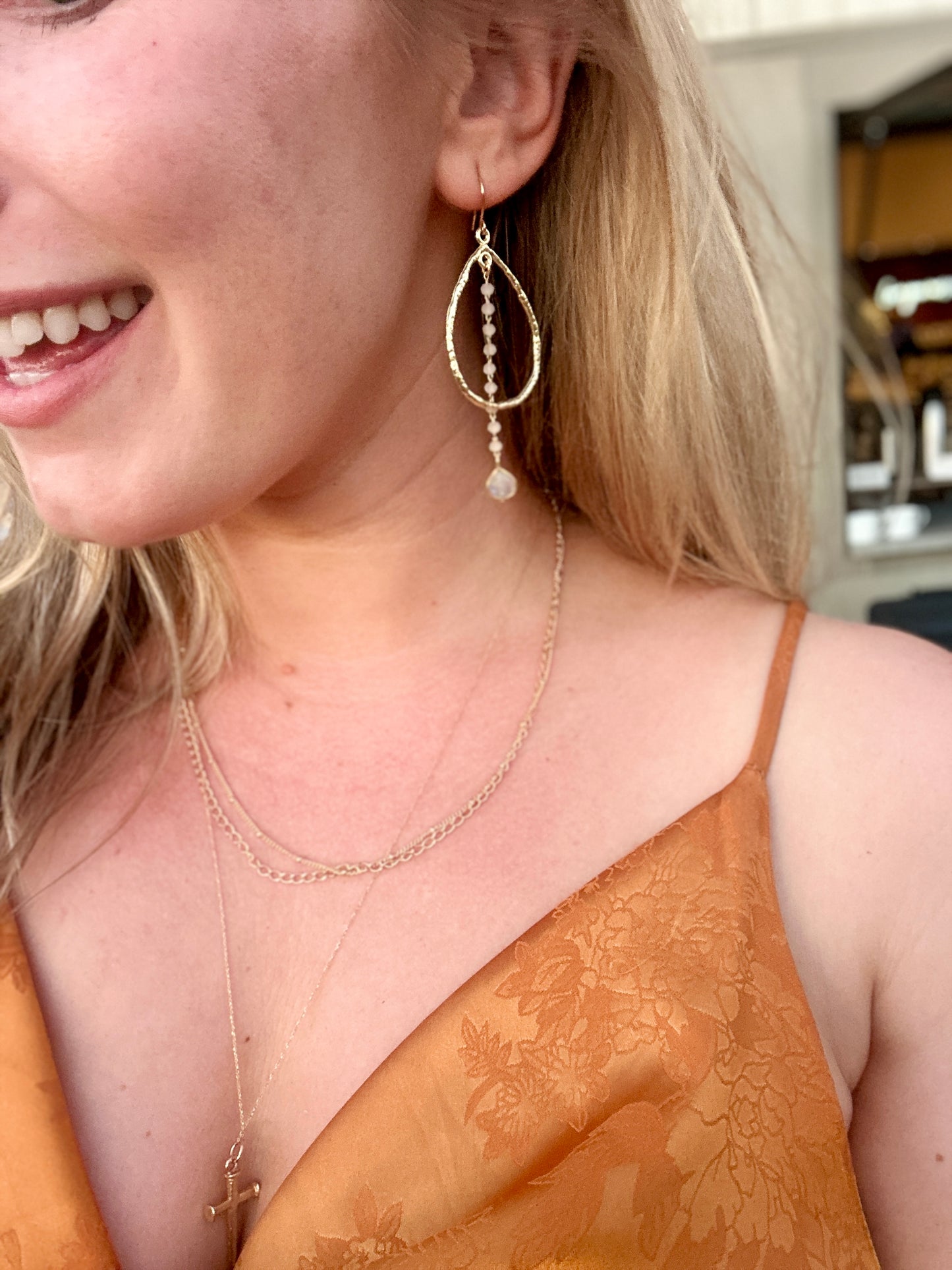 Moonstone Rosary Teardrop Hoop Earrings
