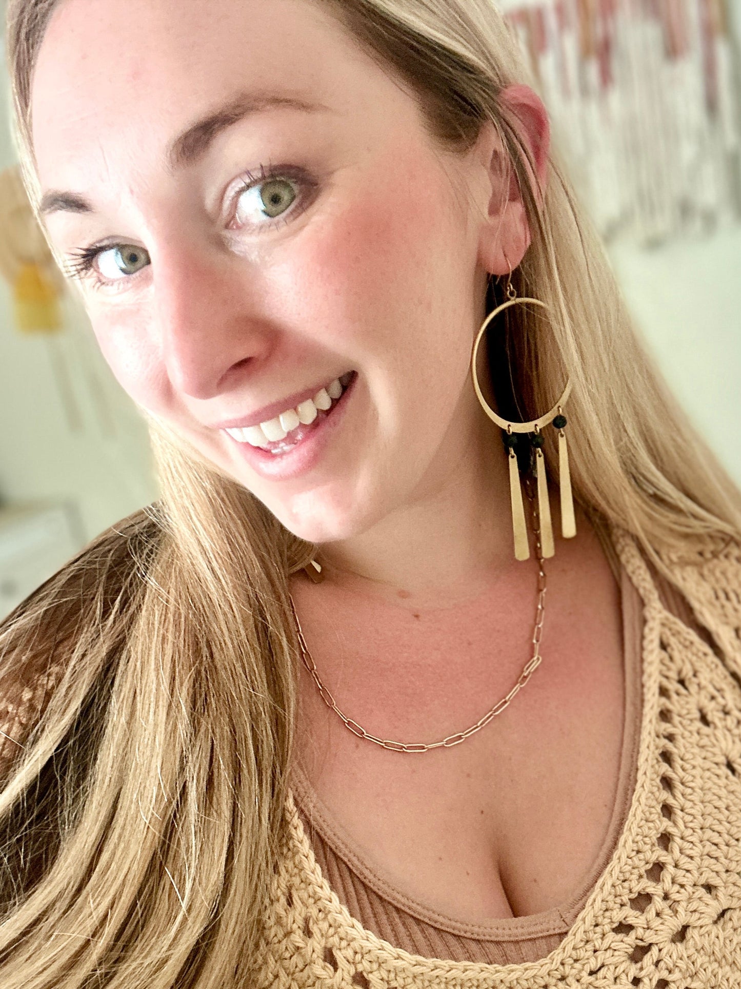 Brass Hoop Earrings with Fringe and Faceted Lapis Beads