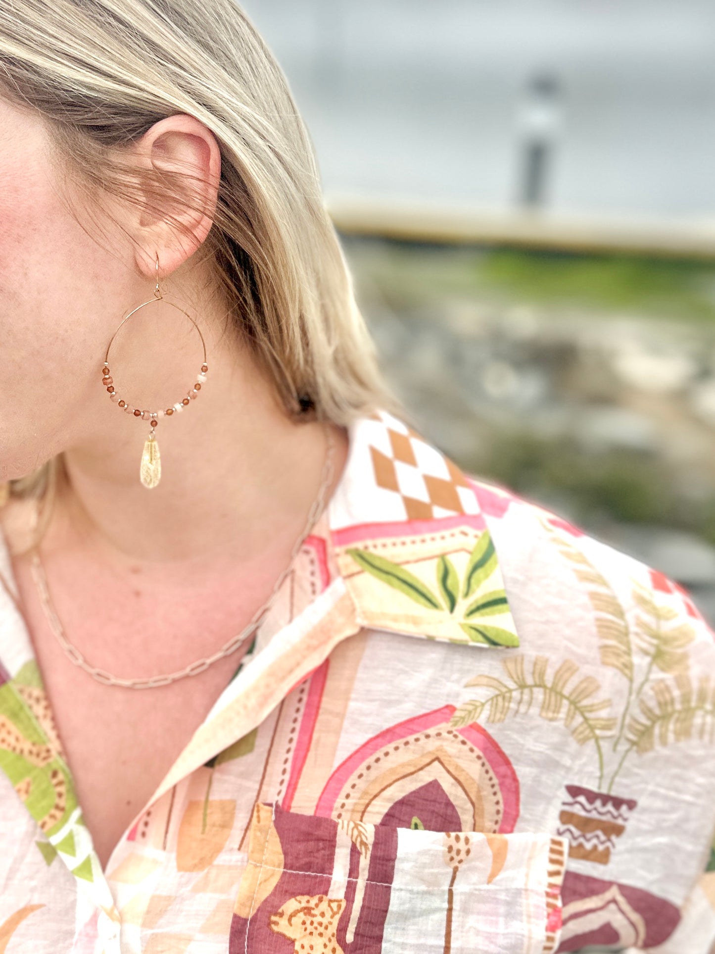 Brass Hoops with Citrine Teardrop and Dainty Pink Tourmaline and Orange Garnet Beads