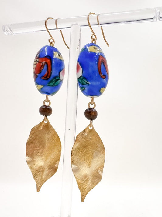 Vintage Porcelain Hand Painted Bead Earrings with Dragons and Brushed Brass Leaves