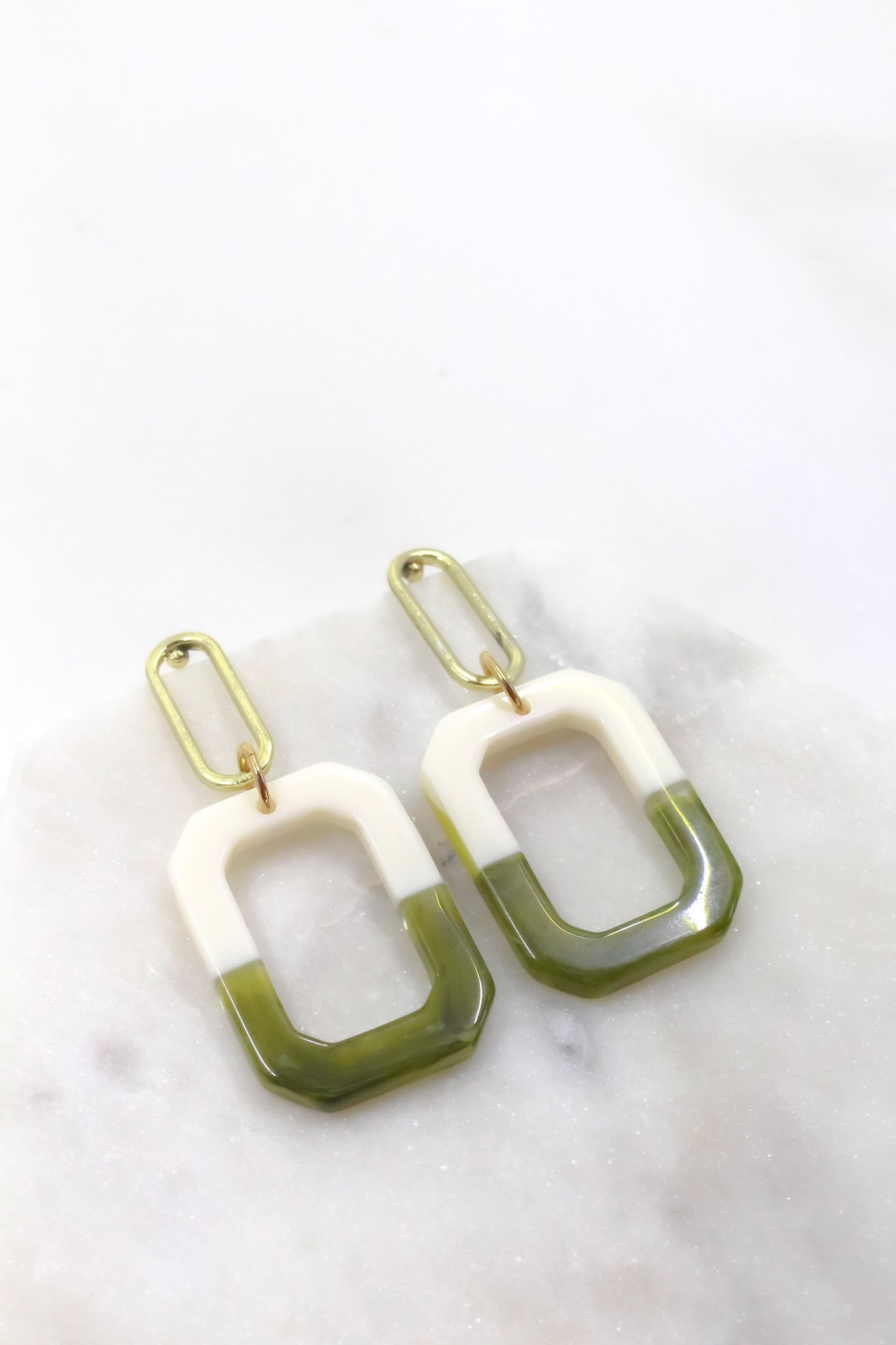 Two-Tone Double Rectangle Earrings in Green and Cream