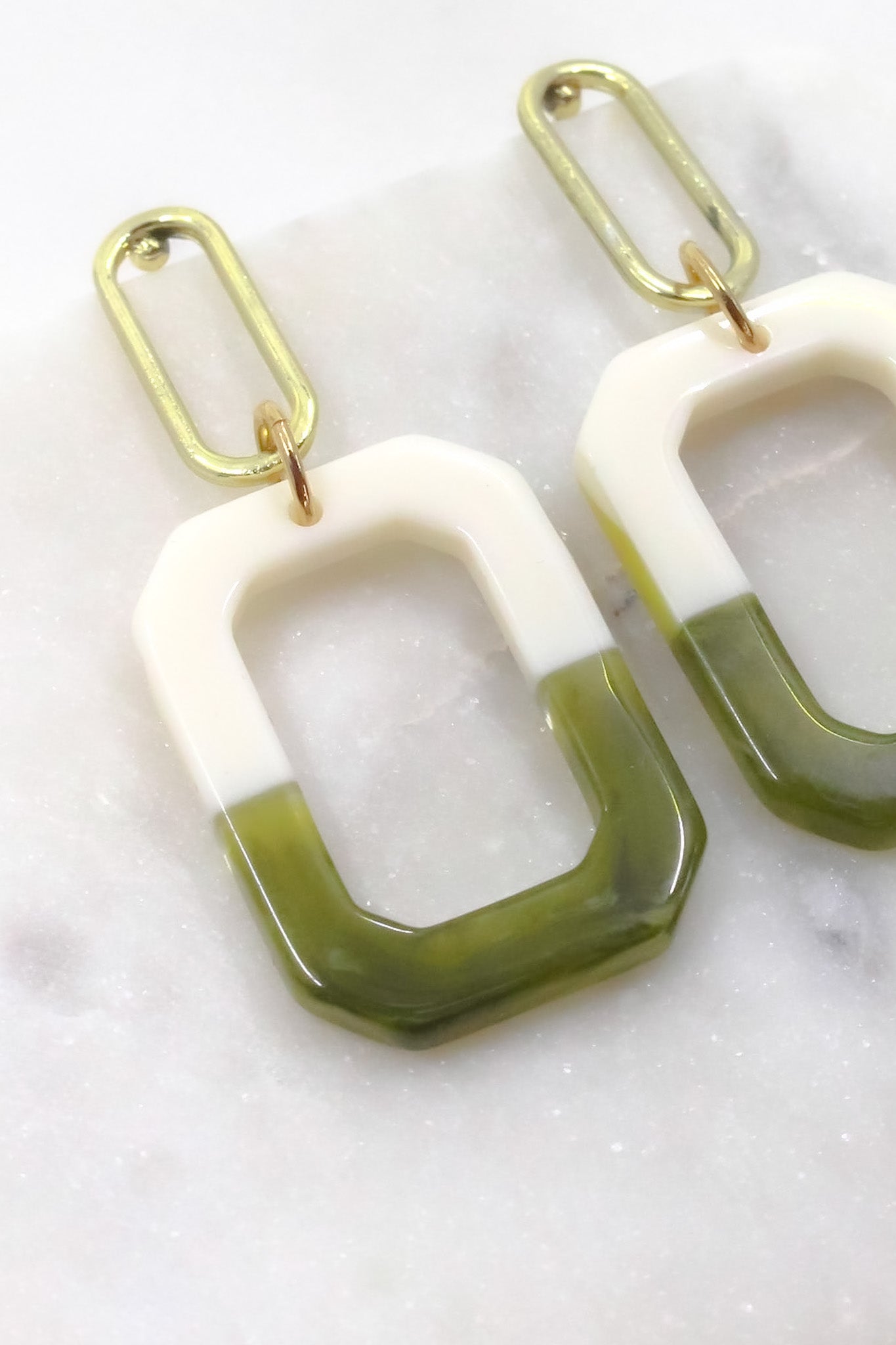 Two-Tone Double Rectangle Earrings in Green and Cream