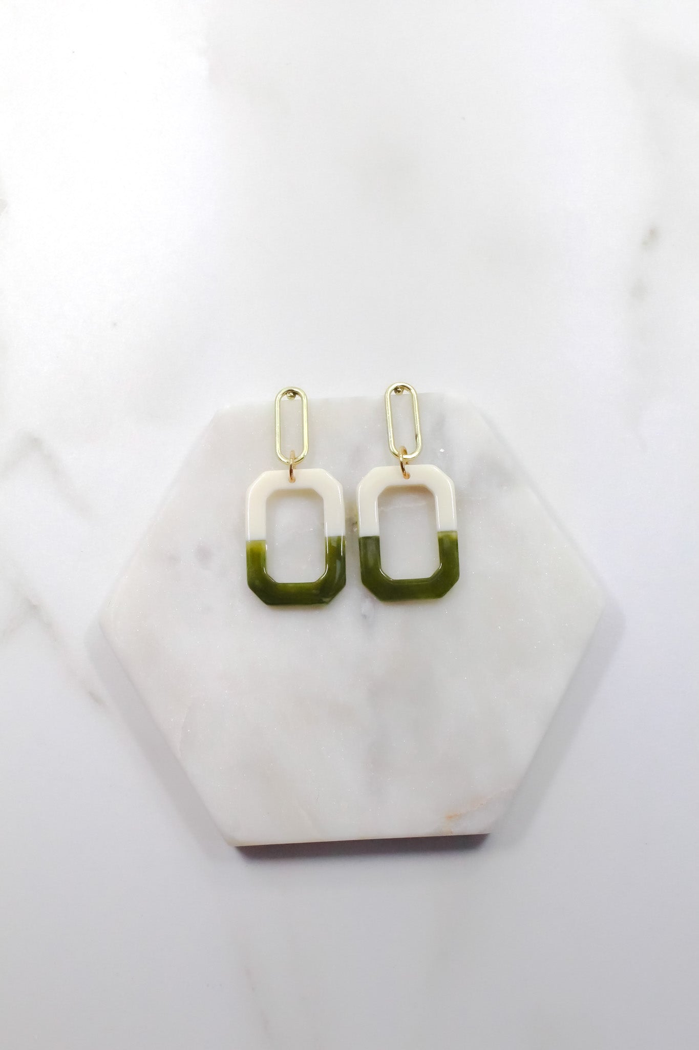 Two-Tone Double Rectangle Earrings in Green and Cream