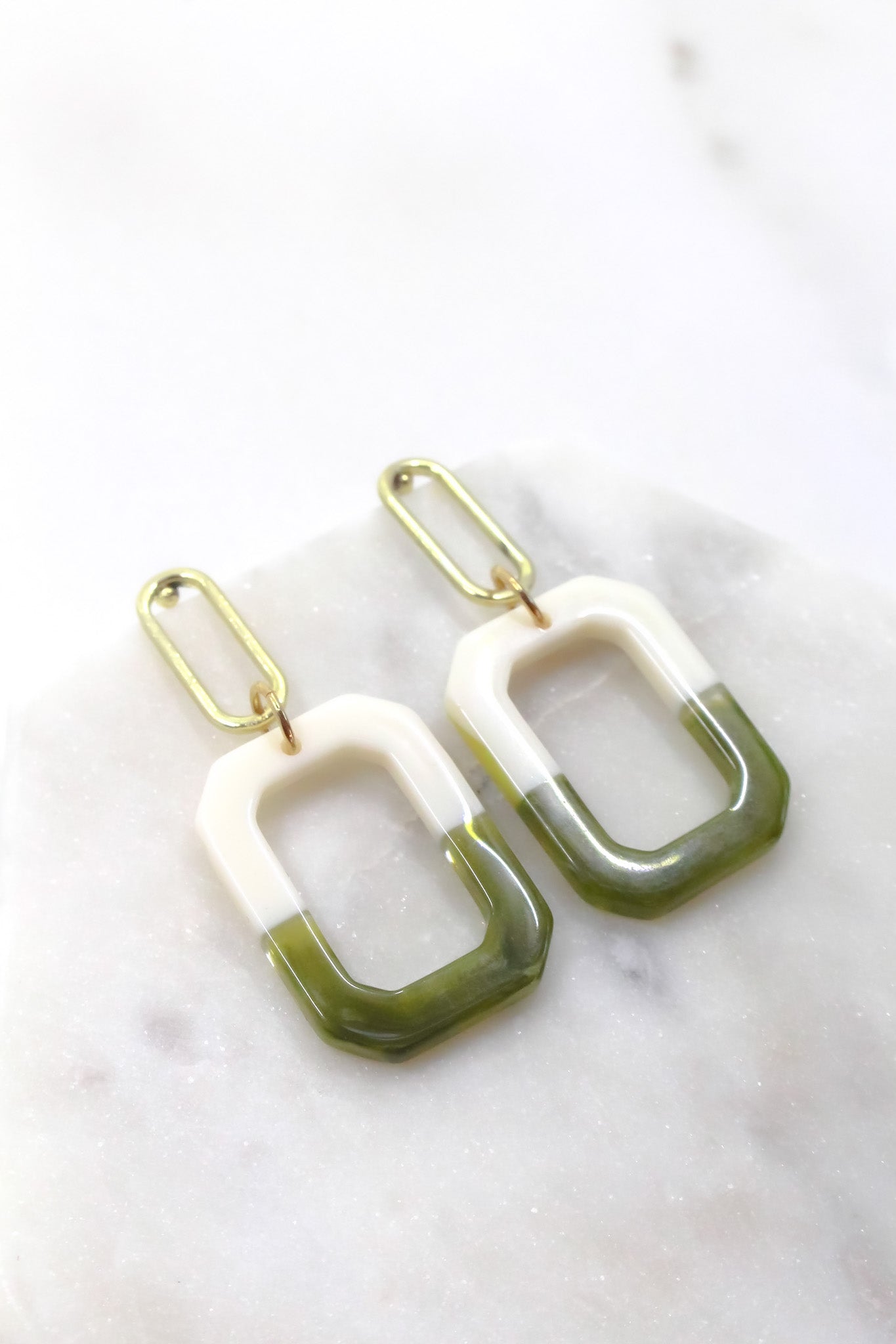 Two-Tone Double Rectangle Earrings in Green and Cream