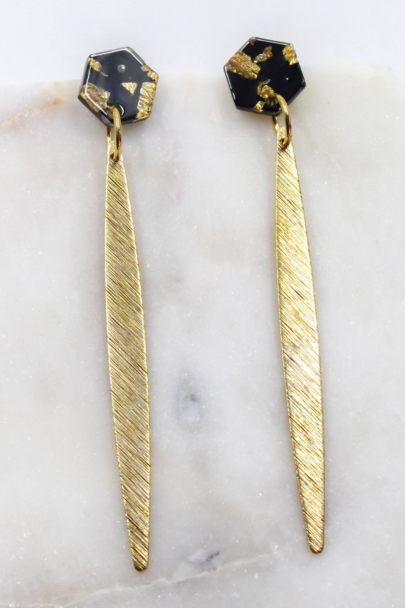Black and Gold Confetti Hex Earrings