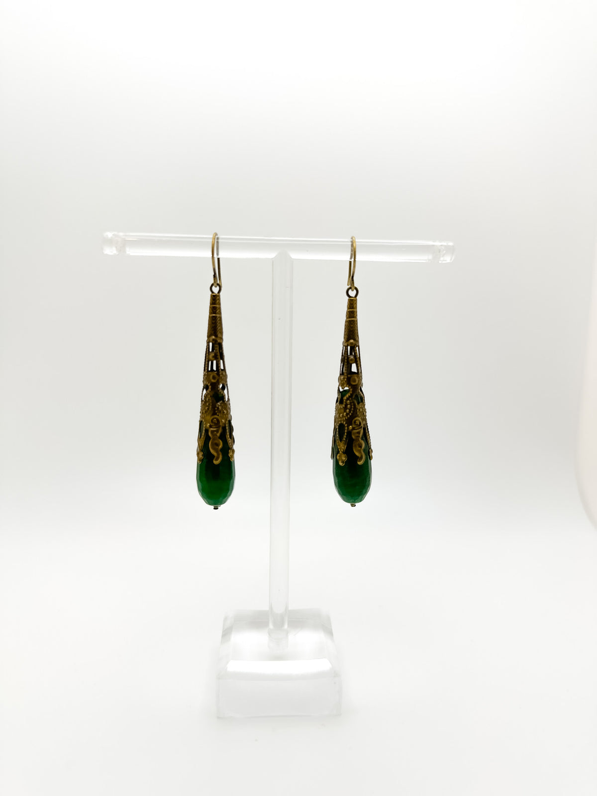 Jade and Ornate Brass Drop Earrings