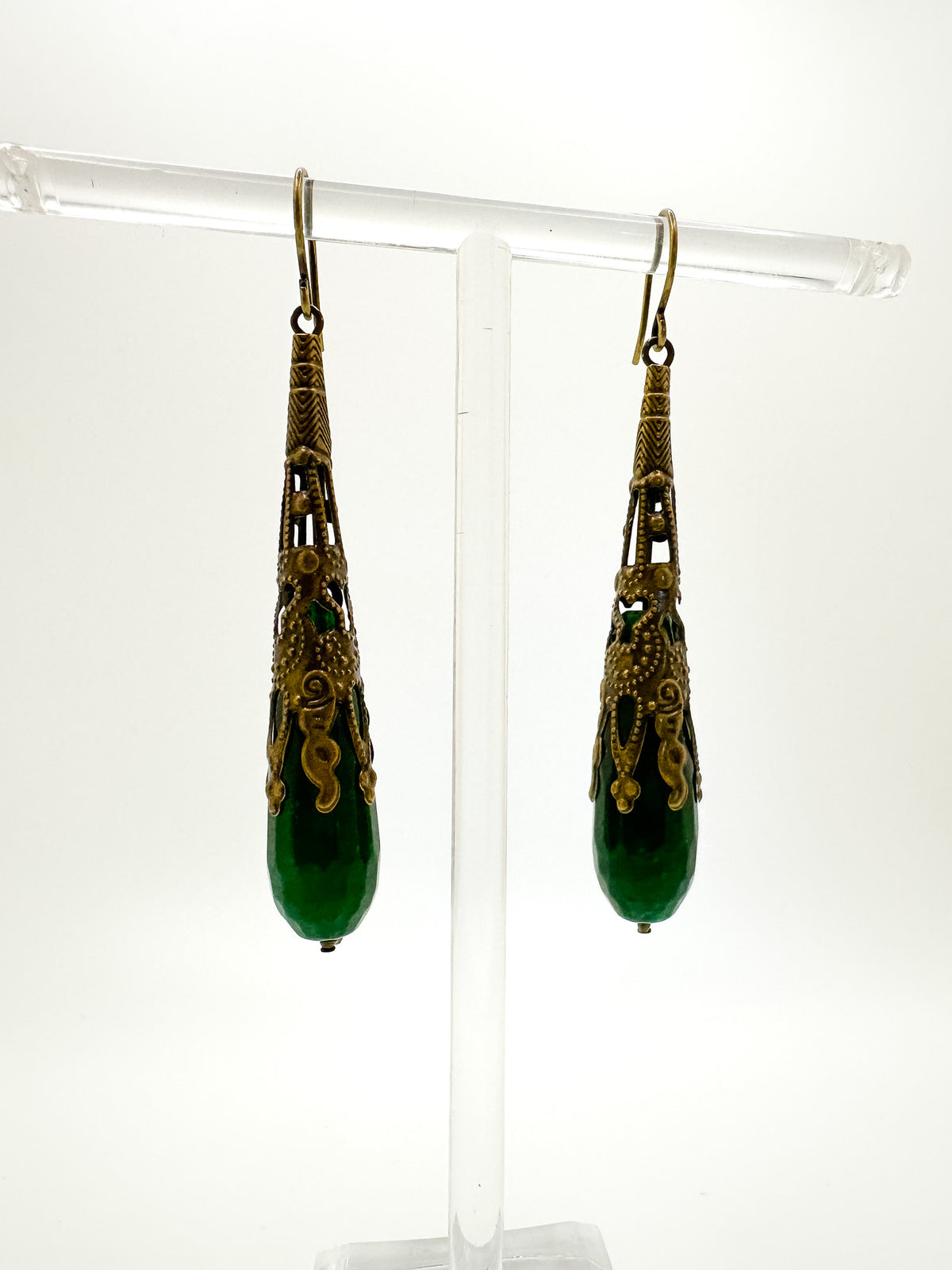 Jade and Ornate Brass Drop Earrings