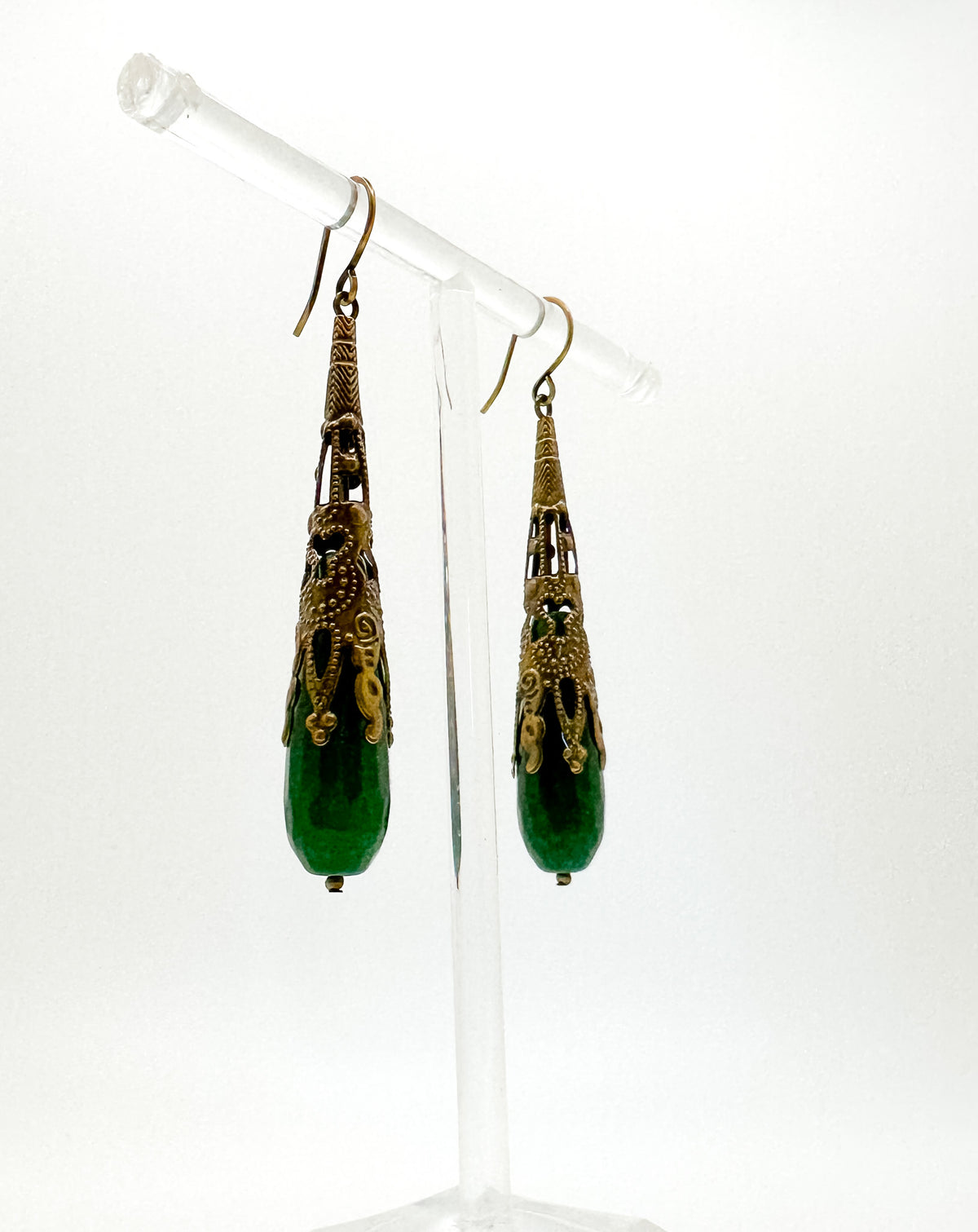Jade and Ornate Brass Drop Earrings