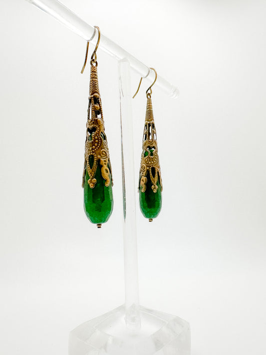 Jade and Ornate Brass Drop Earrings