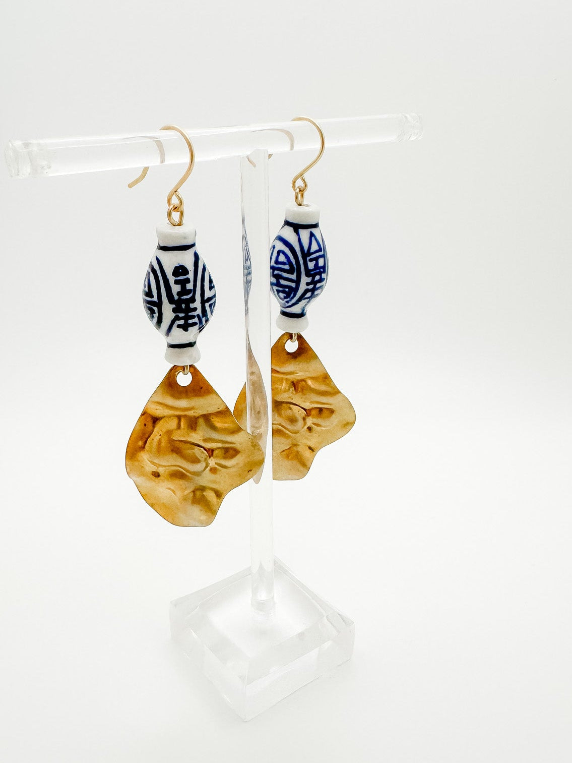 Bubble Hammered & Blue Painted Ceramic Bead Earrings