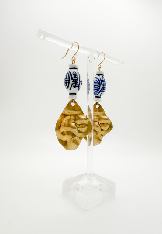 Bubble Hammered & Blue Painted Ceramic Bead Earrings