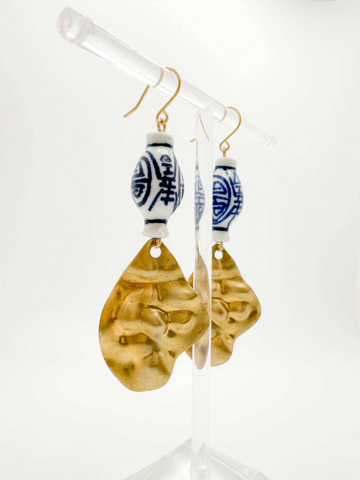 Bubble Hammered & Blue Painted Ceramic Bead Earrings