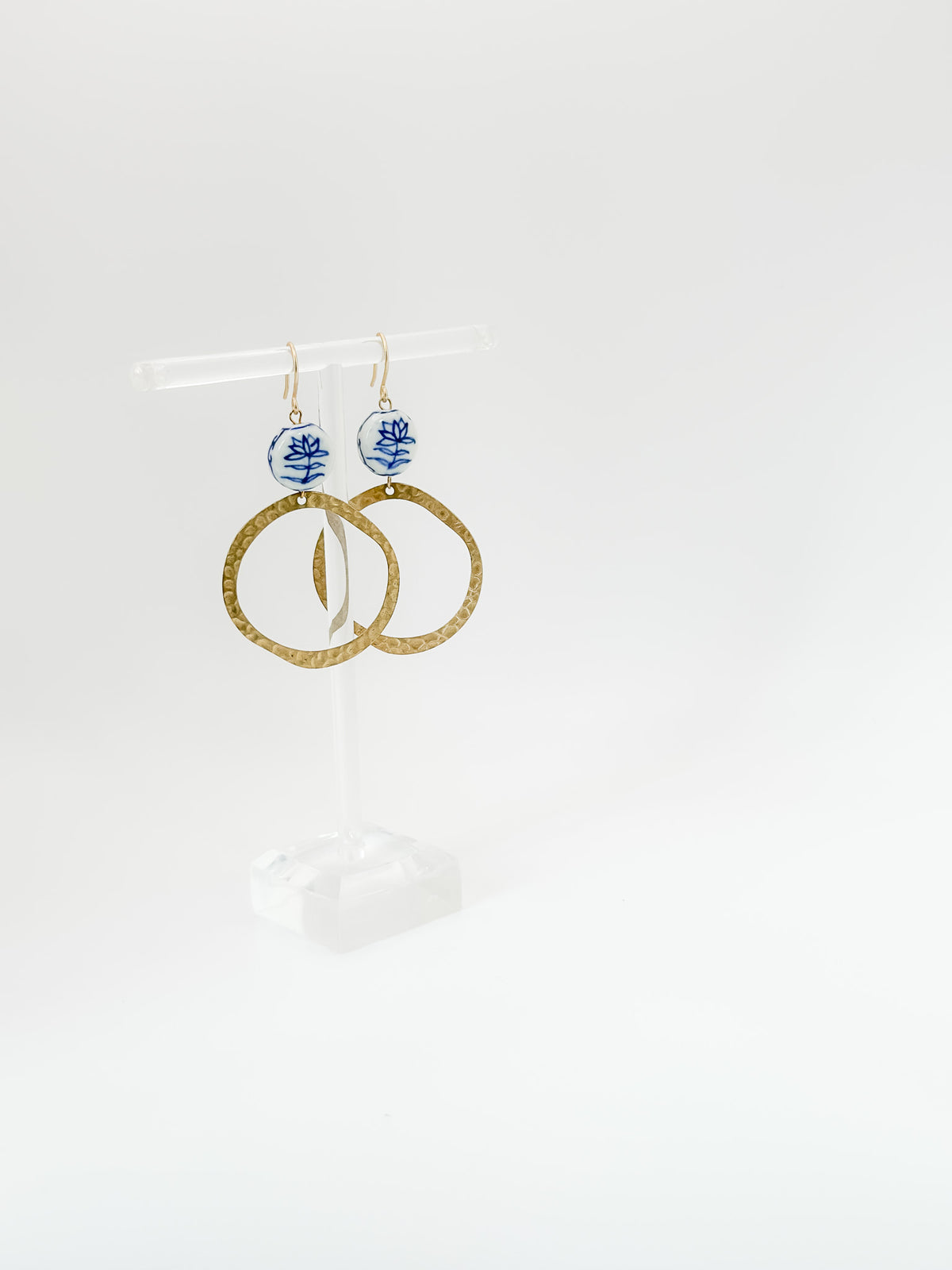 Blue Floral & Hammered Brass Hoops