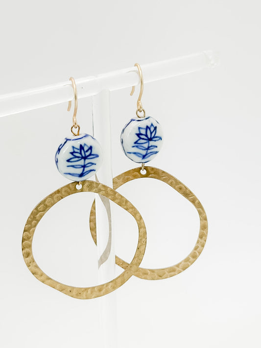 Blue Floral & Hammered Brass Hoops