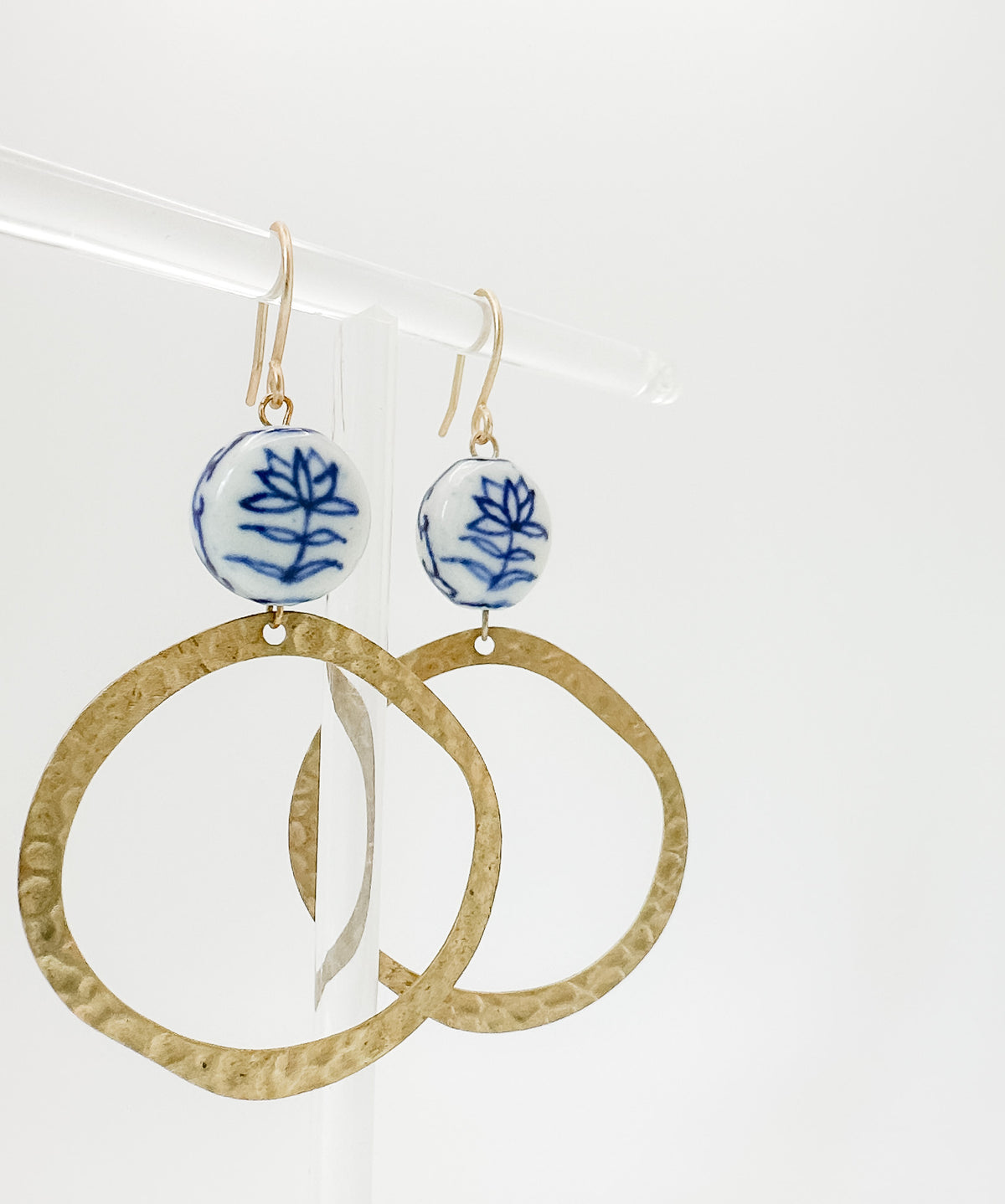Blue Floral & Hammered Brass Hoops