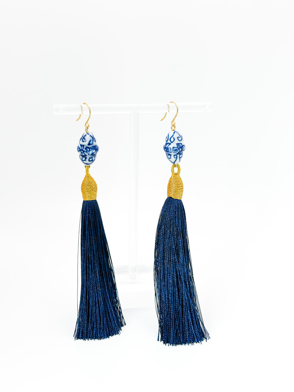 Blue Hand Painted Ceramic Bead & Navy Silky Tassel Earrings