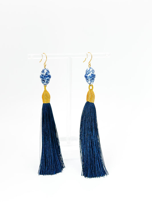 Blue Hand Painted Ceramic Bead & Navy Silky Tassel Earrings