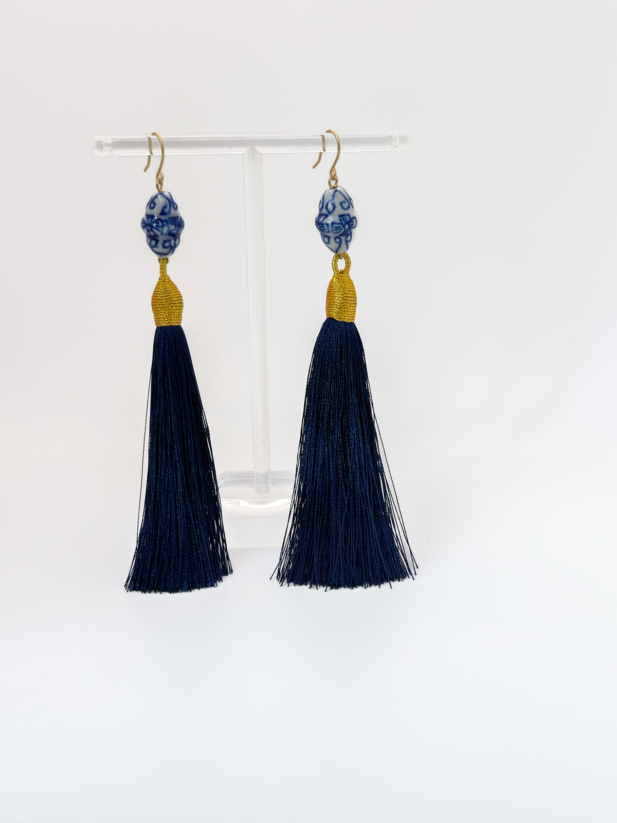 Blue Hand Painted Ceramic Bead & Navy Silky Tassel Earrings