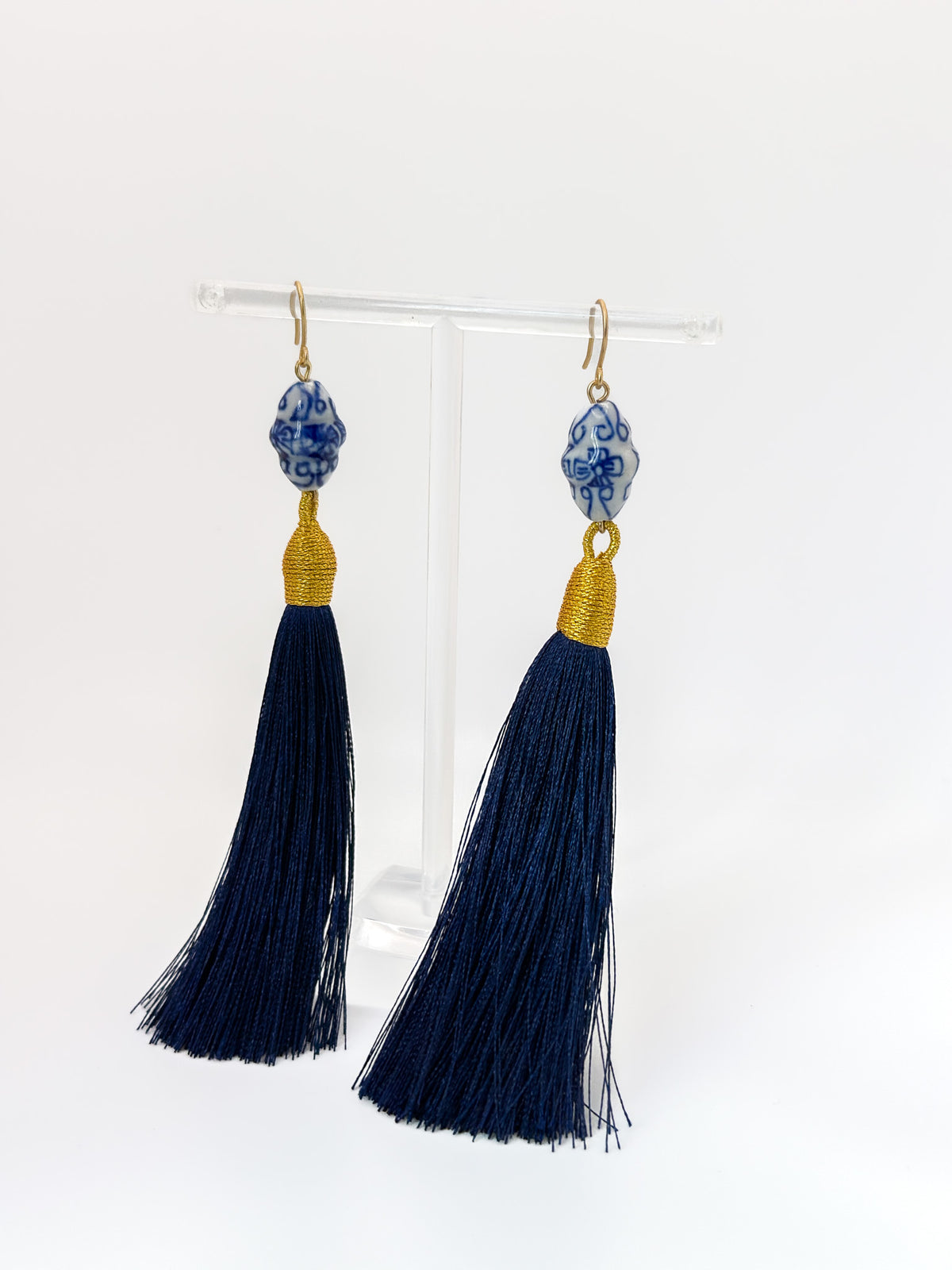 Blue Hand Painted Ceramic Bead & Navy Silky Tassel Earrings